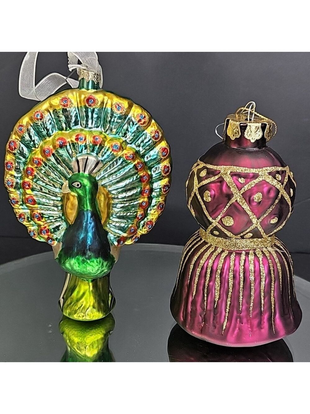 Glass Peacock And Bell Shaped Christmas Ornaments 5 To 6 Inches Gorgeous!